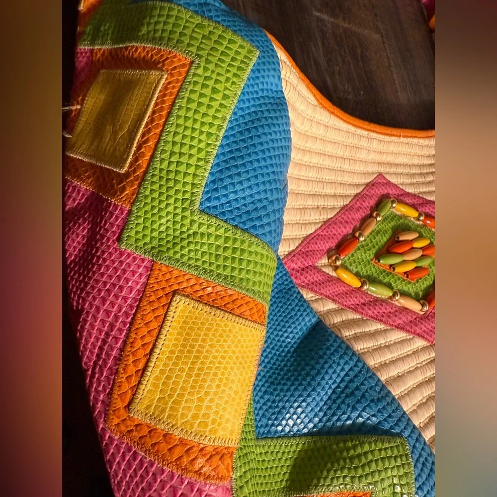 Sharif vintage pink green yellow orange cream leather woven western hobo bag
